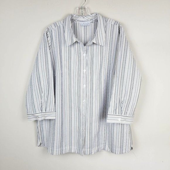 Joan Rivers White Grey Strips Textured Fabric 3/4 Sleeves Button Down Shirt 2X - Picture 1 of 9